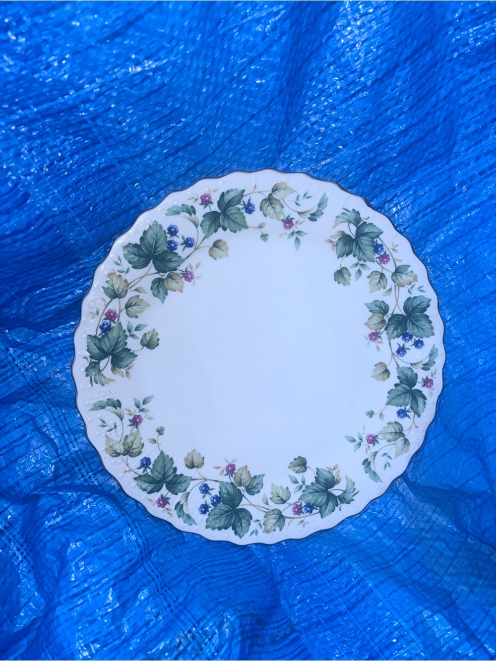 Classic White Porcelain Dinner Plate with Green Leaf and Berry Pattern